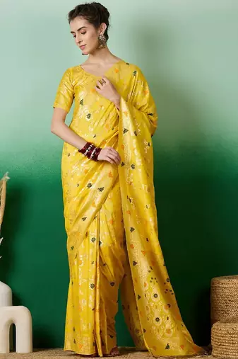 Yellow ethnic motif zari woven tassel detail kanjeevaram saree with blouse