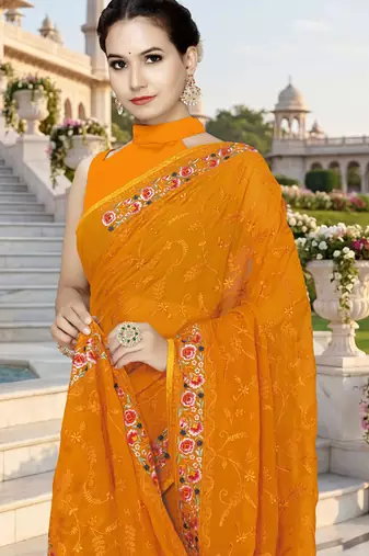 Designer mustard heavy resham embroidery work georgette saree