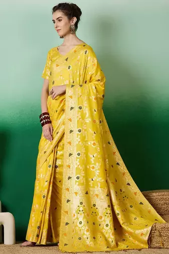 Yellow ethnic motif zari woven tassel detail kanjeevaram saree with blouse