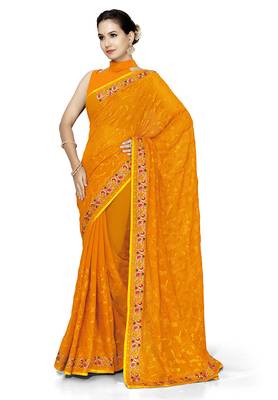 Designer mustard heavy resham embroidery work georgette saree 5