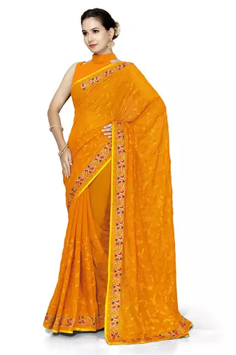 Designer mustard heavy resham embroidery work georgette saree