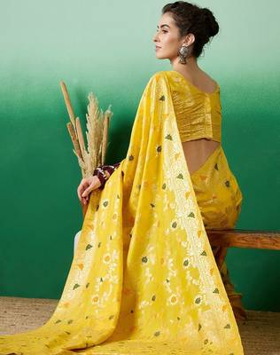 Yellow ethnic motif zari woven tassel detail kanjeevaram saree with blouse 5