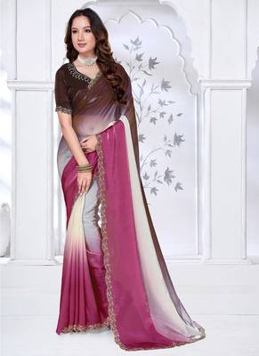 designer pink brown handwork zarkan border work silk blend saree 1