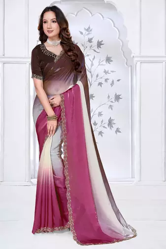 designer pink brown handwork zarkan border work silk blend saree