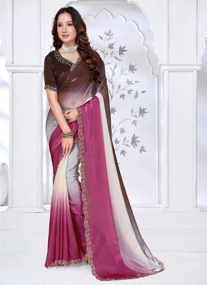 designer pink brown handwork zarkan border work silk blend saree