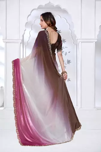 designer pink brown handwork zarkan border work silk blend saree