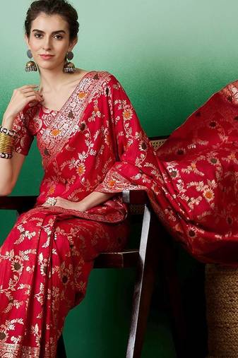 Red ethnic motif zari woven tassel detail kanjeevaram saree