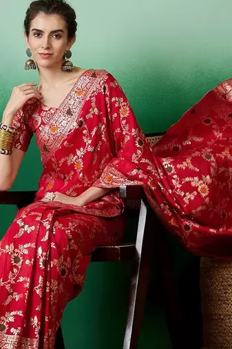 Red ethnic motif zari woven tassel detail kanjeevaram saree