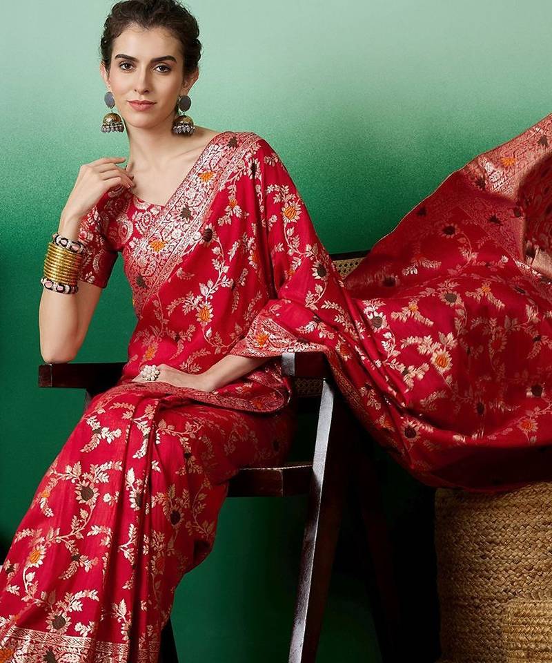 Red ethnic motif zari woven tassel detail kanjeevaram saree
