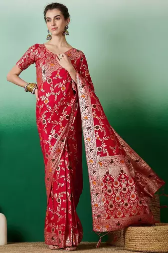 Red ethnic motif zari woven tassel detail kanjeevaram saree