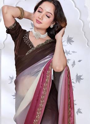 designer pink brown handwork zarkan border work silk blend saree 4