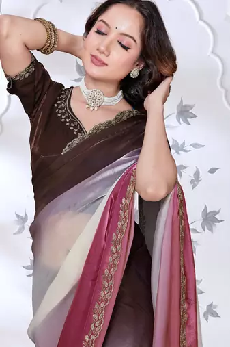 designer pink brown handwork zarkan border work silk blend saree