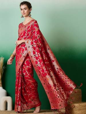 Red ethnic motif zari woven tassel detail kanjeevaram saree 3