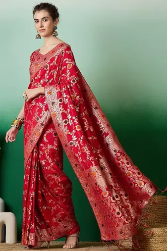 Red ethnic motif zari woven tassel detail kanjeevaram saree