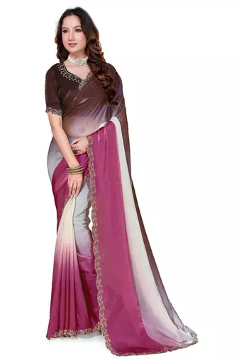 designer pink brown handwork zarkan border work silk blend saree