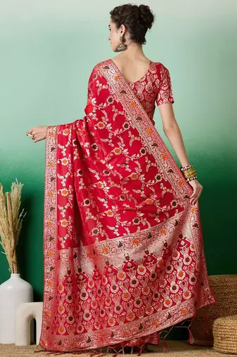 Red ethnic motif zari woven tassel detail kanjeevaram saree