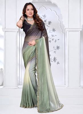 designer pista black handwork zarkan border work silk blend saree 1