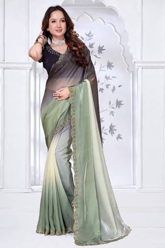 designer pista black handwork zarkan border work silk blend saree