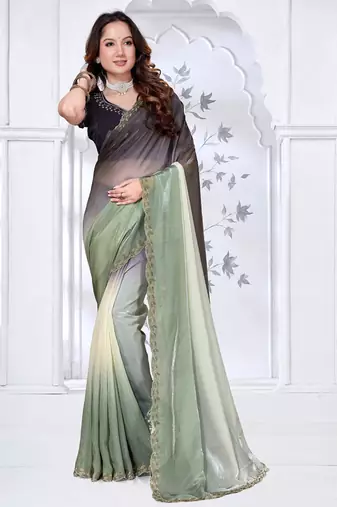 designer pista black handwork zarkan border work silk blend saree