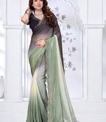 designer pista black handwork zarkan border work silk blend saree