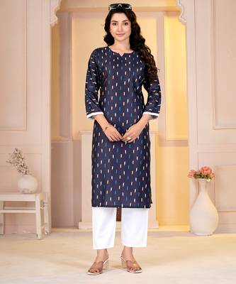 Navy blue digital printed muslin straight kurta with bottom 1