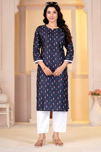 Navy blue digital printed muslin straight kurta with bottom