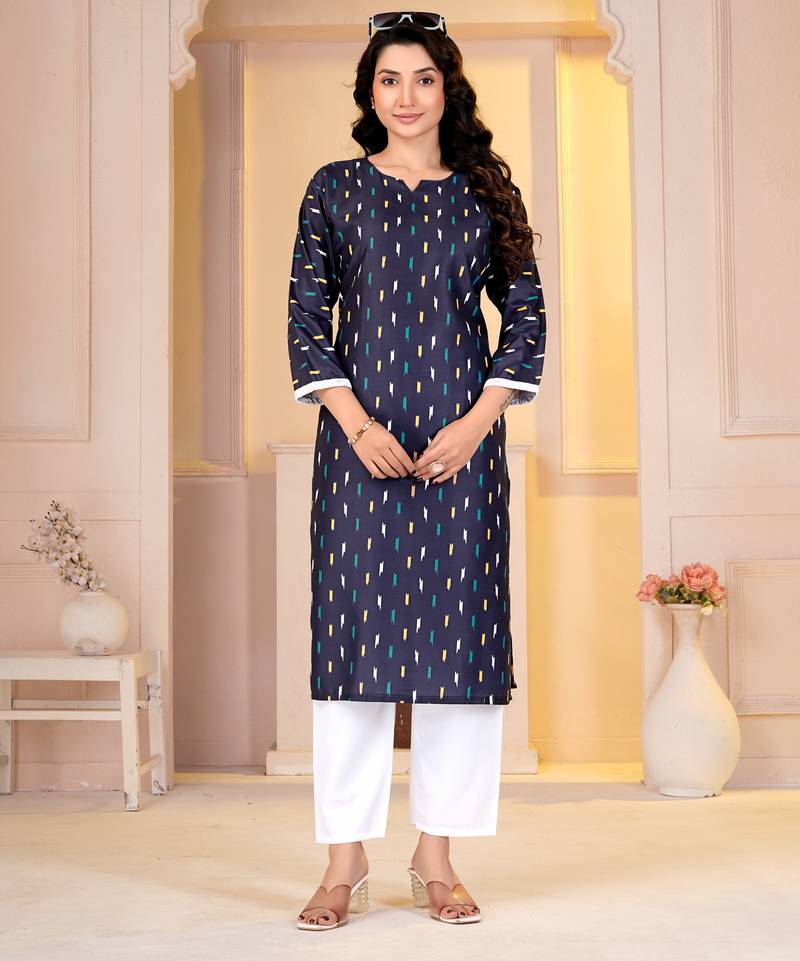Navy blue digital printed muslin straight kurta with bottom