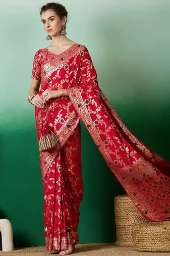 Red ethnic motif zari woven tassel detail kanjeevaram saree
