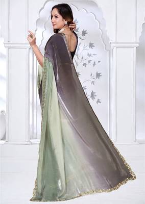 designer pista black handwork zarkan border work silk blend saree 2
