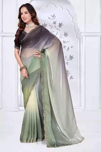 designer pista black handwork zarkan border work silk blend saree