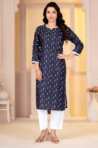Navy blue digital printed muslin straight kurta with bottom