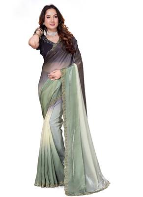 designer pista black handwork zarkan border work silk blend saree 5