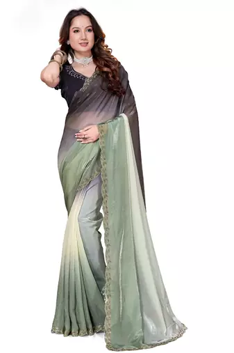 designer pista black handwork zarkan border work silk blend saree
