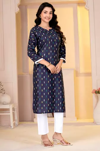 Navy blue digital printed muslin straight kurta with bottom