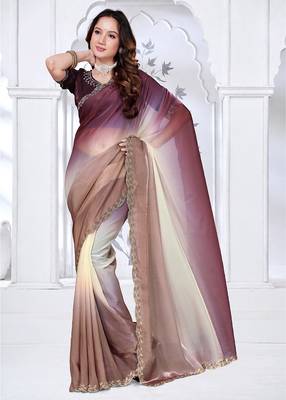 designer brown wine handwork zarkan border work silk blend saree 1