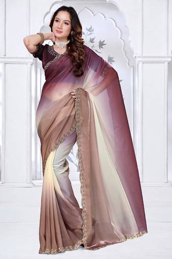 designer brown wine handwork zarkan border work silk blend saree