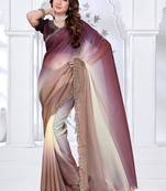 designer brown wine handwork zarkan border work silk blend saree