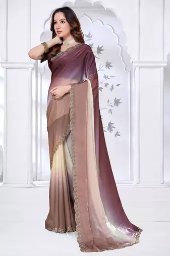 designer brown wine handwork zarkan border work silk blend saree