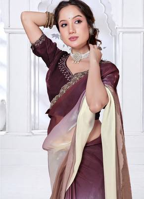 designer brown wine handwork zarkan border work silk blend saree 4