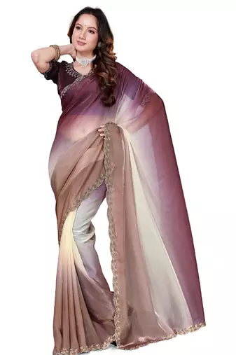 designer brown wine handwork zarkan border work silk blend saree