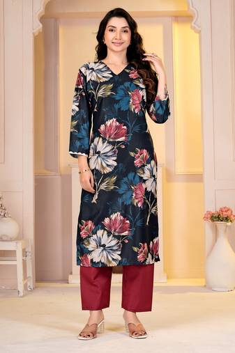 Teal digital printed muslin straight kurta with bottom