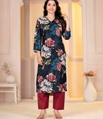Teal digital printed muslin straight kurta with bottom
