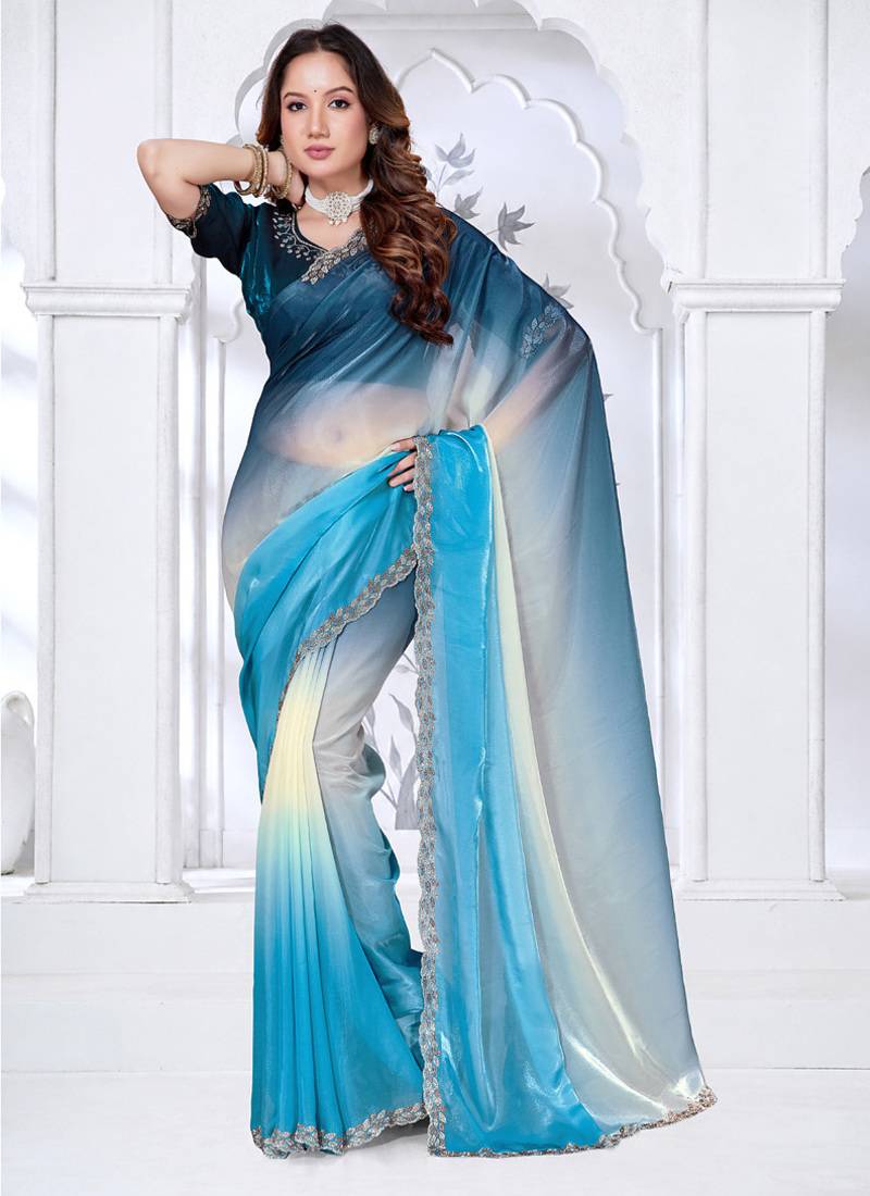 designer sky blue handwork zarkan border work silk blend saree