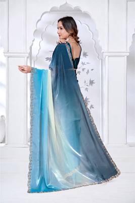 designer sky blue handwork zarkan border work silk blend saree 2