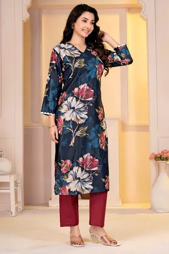 Teal digital printed muslin straight kurta with bottom
