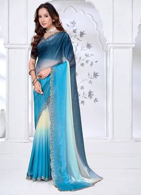 designer sky blue handwork zarkan border work silk blend saree 3