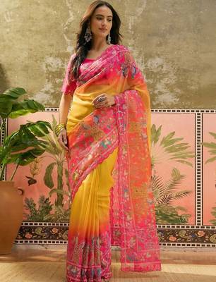 Multicolor ethnic motifs embroidered organza heavy work saree 1