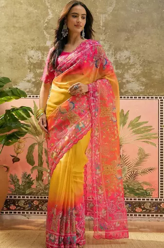 Multicolor ethnic motifs embroidered organza heavy work saree