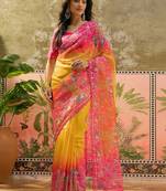 Multicolor ethnic motifs embroidered organza heavy work saree