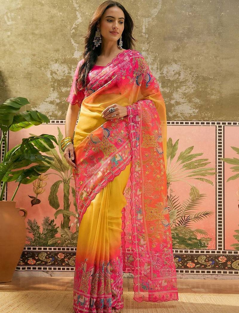 Multicolor ethnic motifs embroidered organza heavy work saree
